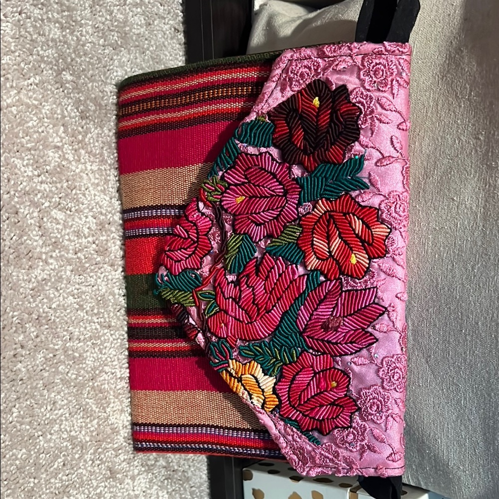 Floral Embroidered Pink and Multicolor Clutch